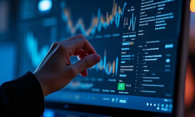 Man working with complex data visualization on a screen