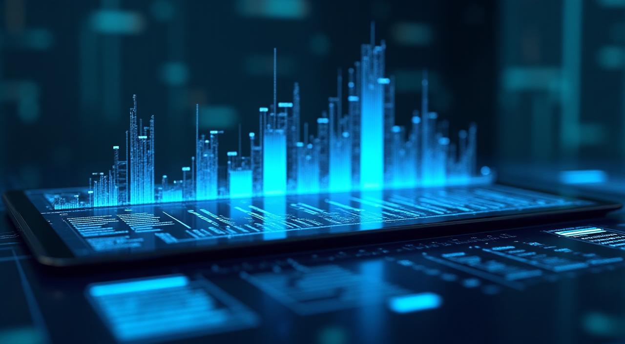 Futuristic AI-powered business intelligence dashboard showing 3D data visualizations