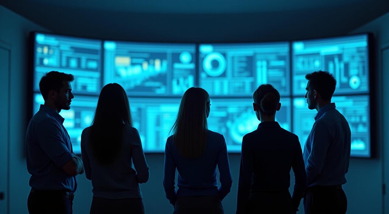 Technical team analyzing a complex data visualization dashboard